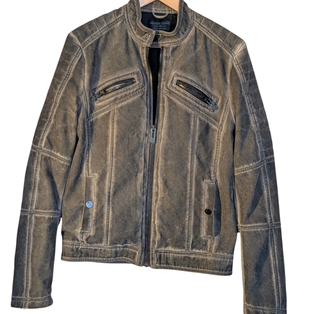 Rogue State Moto Jacket Distressed Gray Men's S Streetwear Grunge Casual Biker
